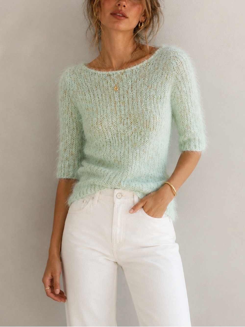 NWT Atmosphere Woman Green Gold Fuzzy Feather Knit Top UK6 Fairy Romantic Preppy